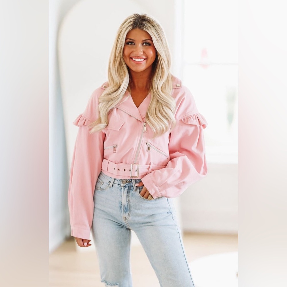 Mable Pink Moto Style Jacket with Ruffle Accents and Zipper Detail Size Medium